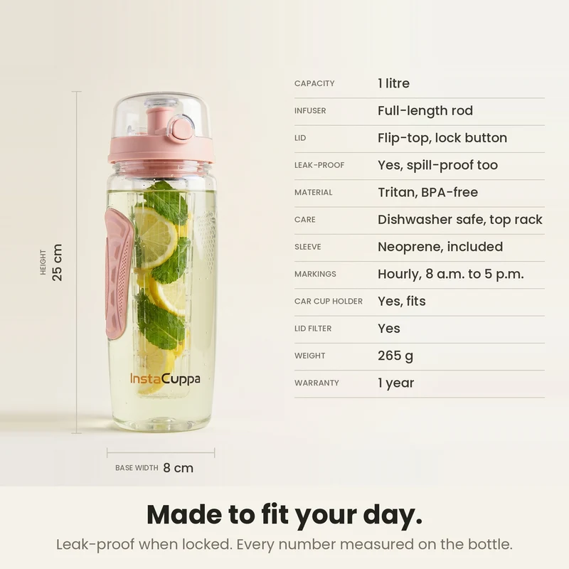 InstaCuppa Fruit Infuser Water Bottle 1 Litre, Tritan BPA-Free Detox Water Bottle with Full-Length Infuser, Flip-Top Lock Lid, Time Markings and Neoprene Sleeve