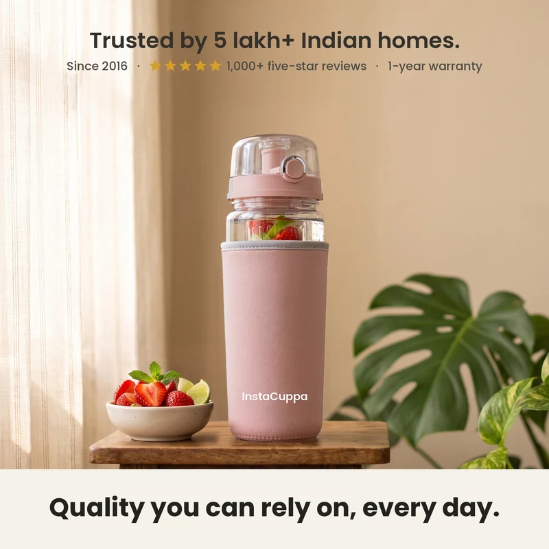 InstaCuppa Fruit Infuser Water Bottle 1 Litre, Tritan BPA-Free Detox Water Bottle with Full-Length Infuser, Flip-Top Lock Lid, Time Markings and Neoprene Sleeve