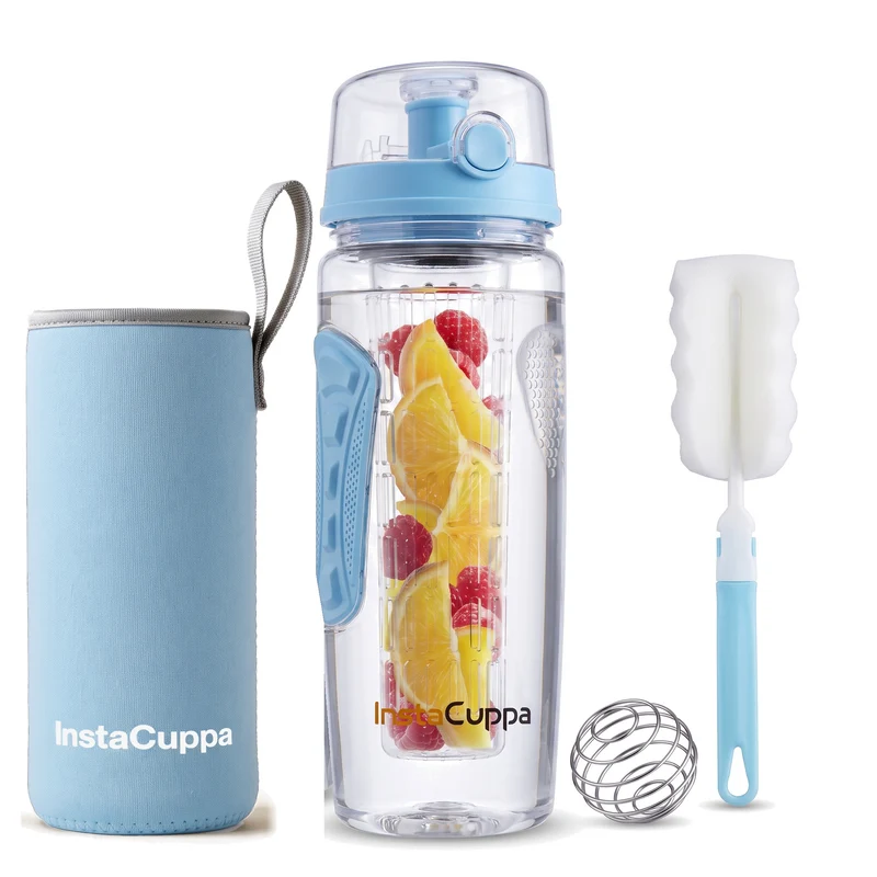 InstaCuppa Fruit Infuser Water Bottle 1 Litre, Tritan BPA-Free Detox Water Bottle with Full-Length Infuser, Flip-Top Lock Lid, Time Markings and Neoprene Sleeve