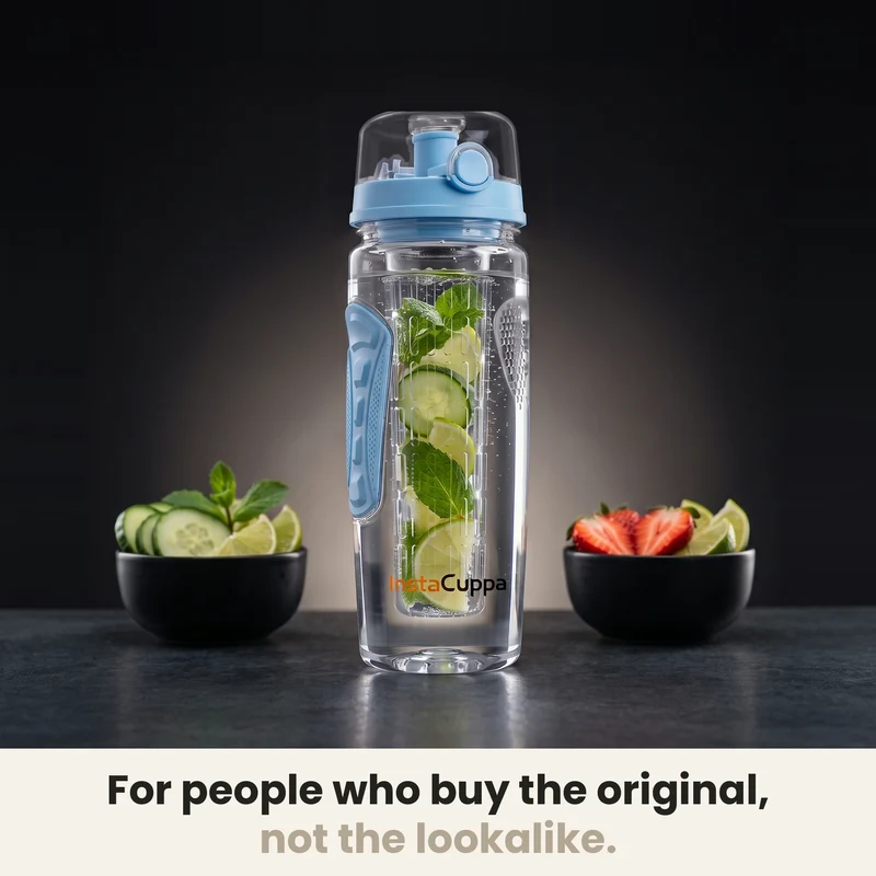 InstaCuppa Fruit Infuser Water Bottle 1 Litre, Tritan BPA-Free Detox Water Bottle with Full-Length Infuser, Flip-Top Lock Lid, Time Markings and Neoprene Sleeve