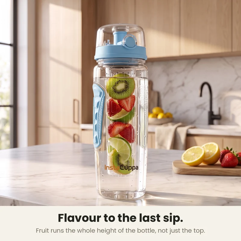 InstaCuppa Fruit Infuser Water Bottle 1 Litre, Tritan BPA-Free Detox Water Bottle with Full-Length Infuser, Flip-Top Lock Lid, Time Markings and Neoprene Sleeve