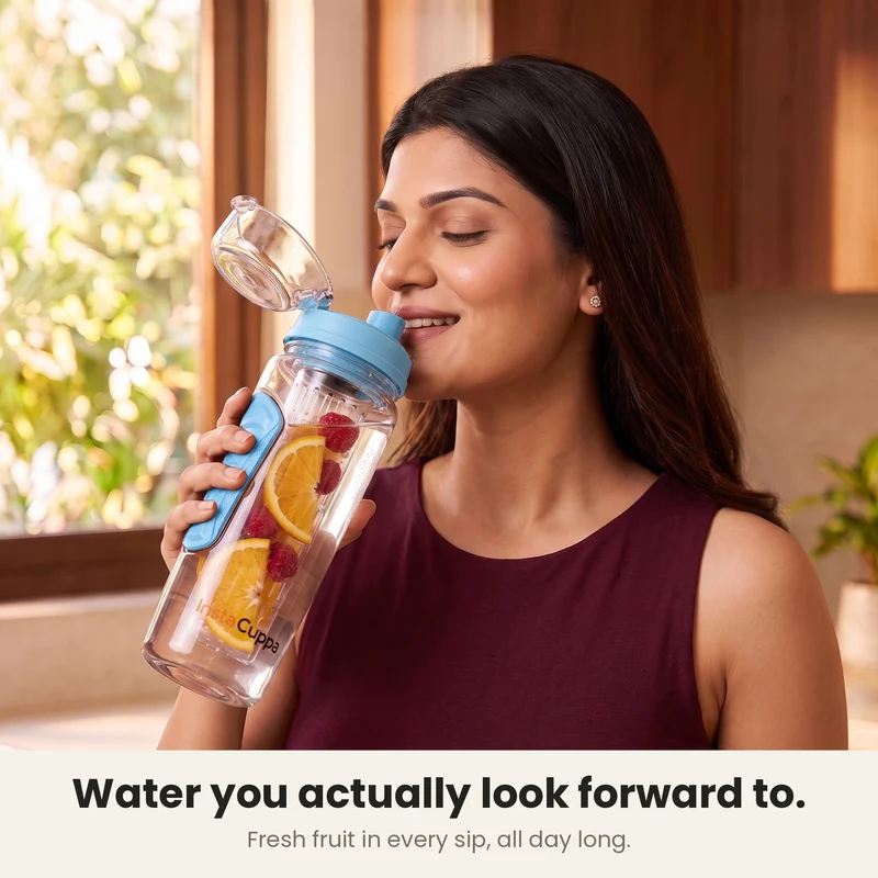 InstaCuppa Fruit Infuser Water Bottle 1 Litre, Tritan BPA-Free Detox Water Bottle with Full-Length Infuser, Flip-Top Lock Lid, Time Markings and Neoprene Sleeve