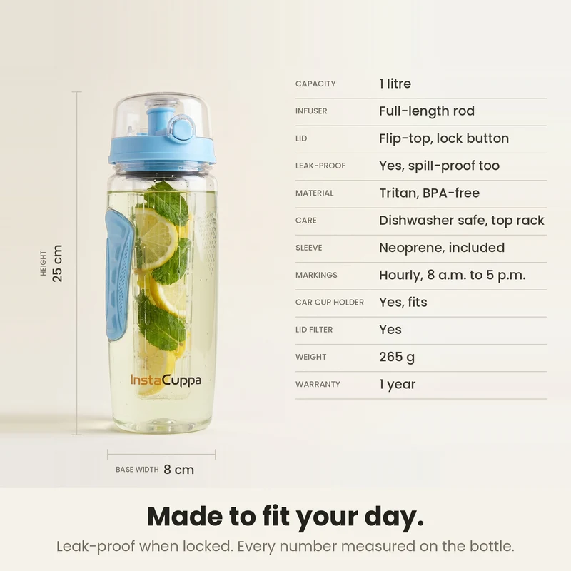 InstaCuppa Fruit Infuser Water Bottle 1 Litre, Tritan BPA-Free Detox Water Bottle with Full-Length Infuser, Flip-Top Lock Lid, Time Markings and Neoprene Sleeve