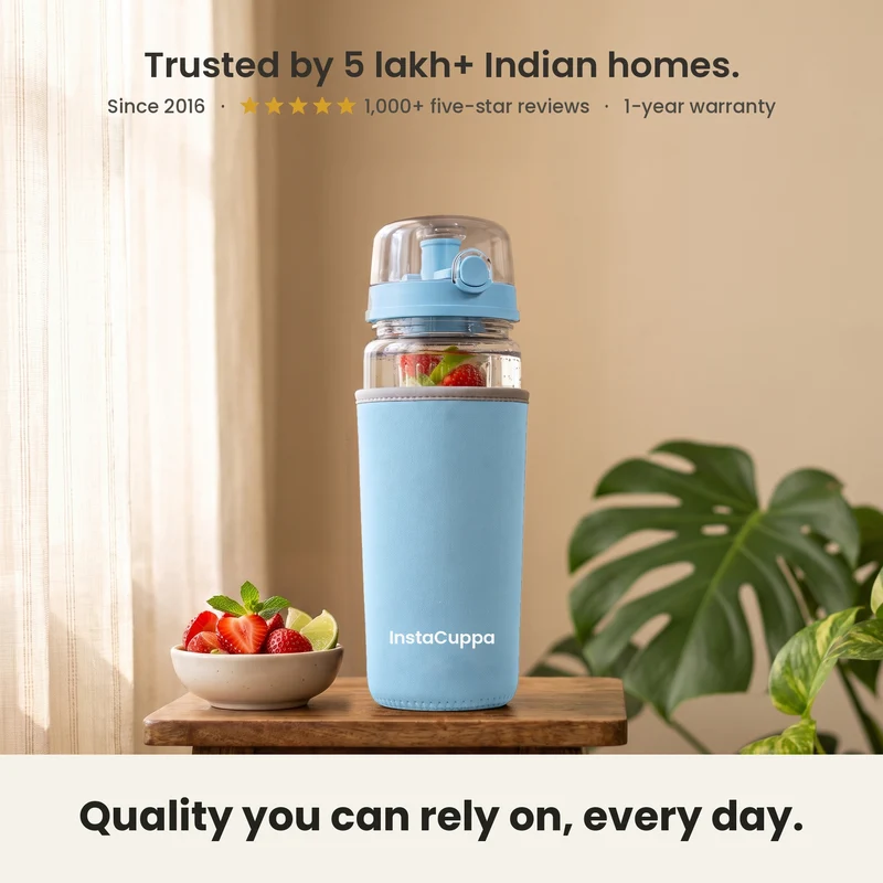 InstaCuppa Fruit Infuser Water Bottle 1 Litre, Tritan BPA-Free Detox Water Bottle with Full-Length Infuser, Flip-Top Lock Lid, Time Markings and Neoprene Sleeve