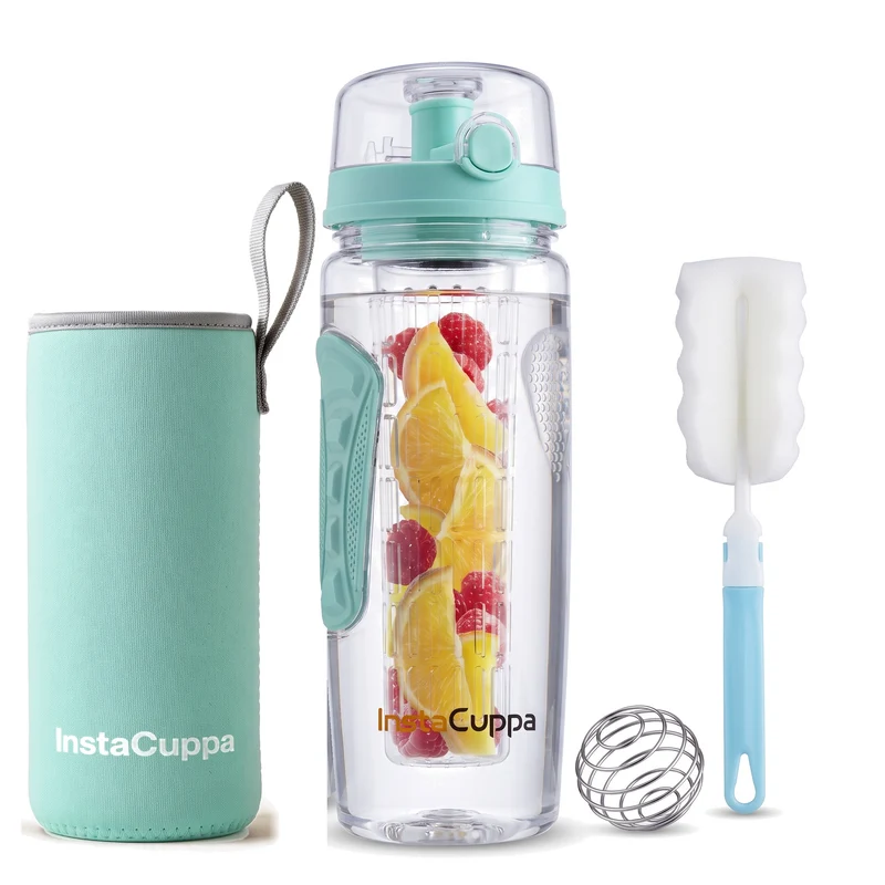 InstaCuppa Fruit Infuser Water Bottle 1 Litre, Tritan BPA-Free Detox Water Bottle with Full-Length Infuser, Flip-Top Lock Lid, Time Markings and Neoprene Sleeve