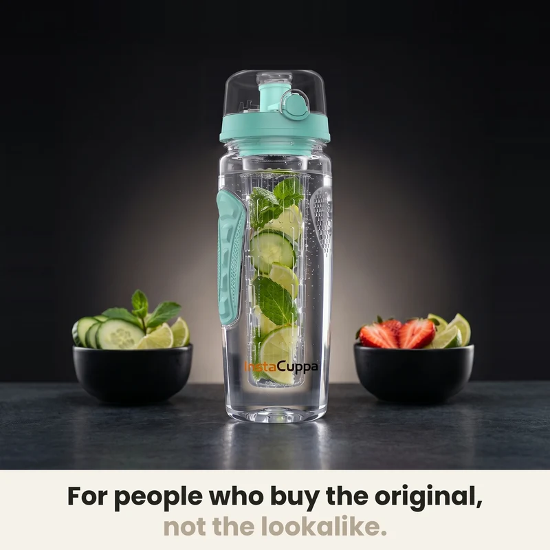 InstaCuppa Fruit Infuser Water Bottle 1 Litre, Tritan BPA-Free Detox Water Bottle with Full-Length Infuser, Flip-Top Lock Lid, Time Markings and Neoprene Sleeve