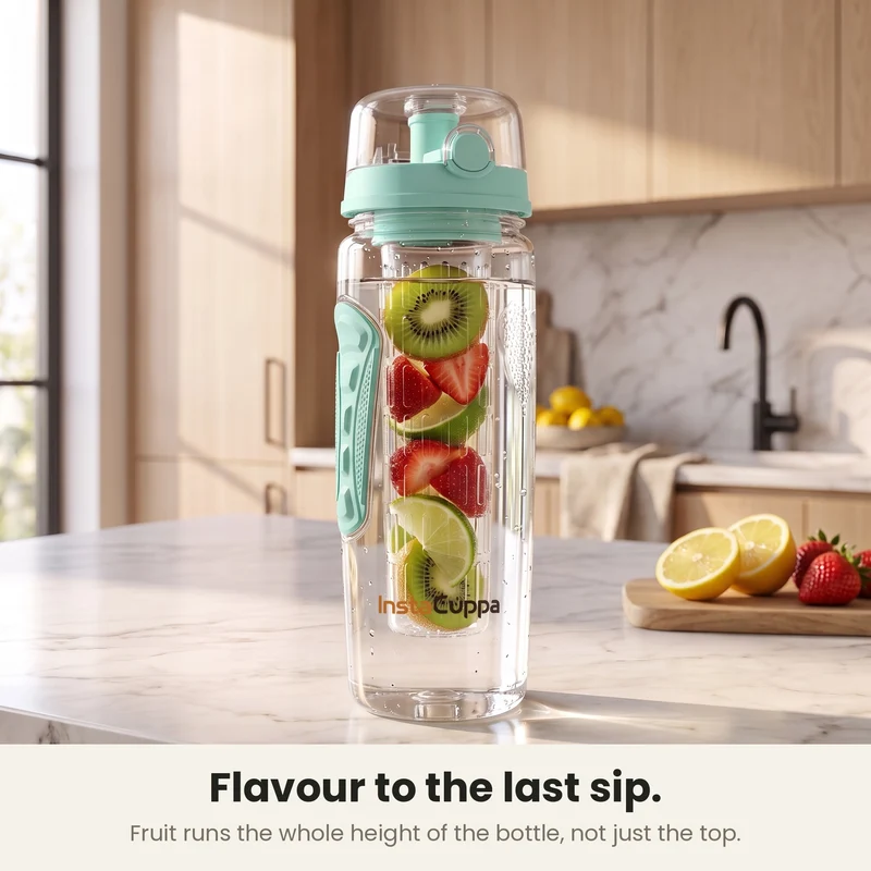 InstaCuppa Fruit Infuser Water Bottle 1 Litre, Tritan BPA-Free Detox Water Bottle with Full-Length Infuser, Flip-Top Lock Lid, Time Markings and Neoprene Sleeve