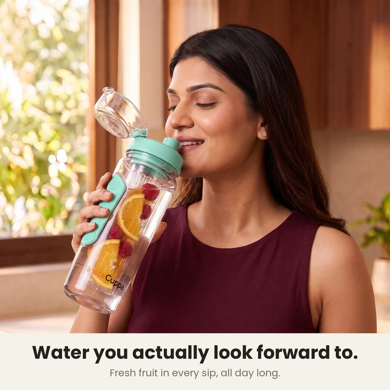 InstaCuppa Fruit Infuser Water Bottle 1 Litre, Tritan BPA-Free Detox Water Bottle with Full-Length Infuser, Flip-Top Lock Lid, Time Markings and Neoprene Sleeve