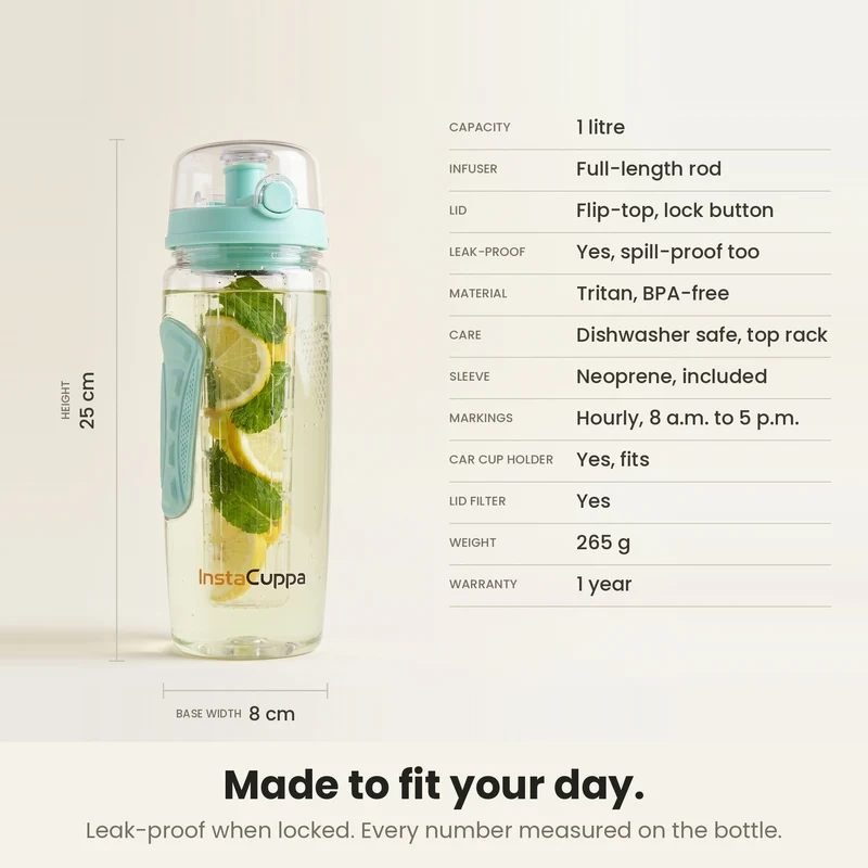 InstaCuppa Fruit Infuser Water Bottle 1 Litre, Tritan BPA-Free Detox Water Bottle with Full-Length Infuser, Flip-Top Lock Lid, Time Markings and Neoprene Sleeve