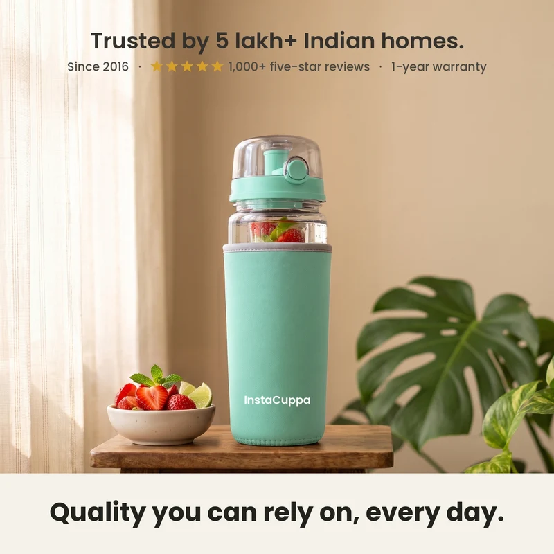 InstaCuppa Fruit Infuser Water Bottle 1 Litre, Tritan BPA-Free Detox Water Bottle with Full-Length Infuser, Flip-Top Lock Lid, Time Markings and Neoprene Sleeve