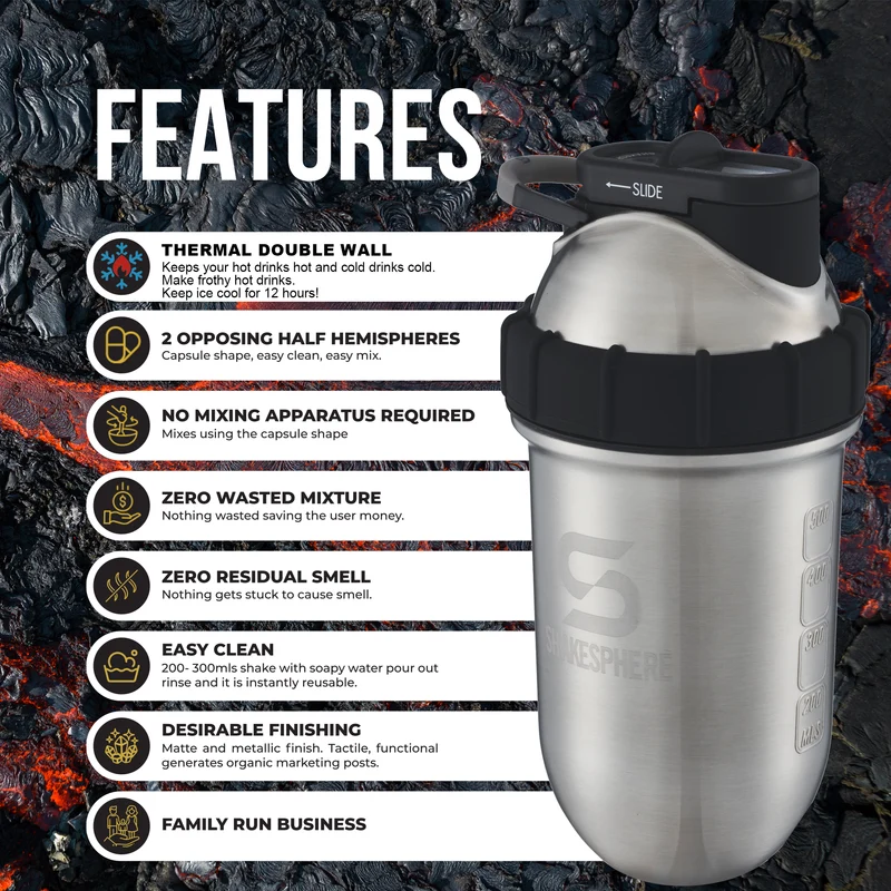 Protein shaker bottle 24.6 Fl Oz ShakeSphere Tumbler Double Wall Steel Original