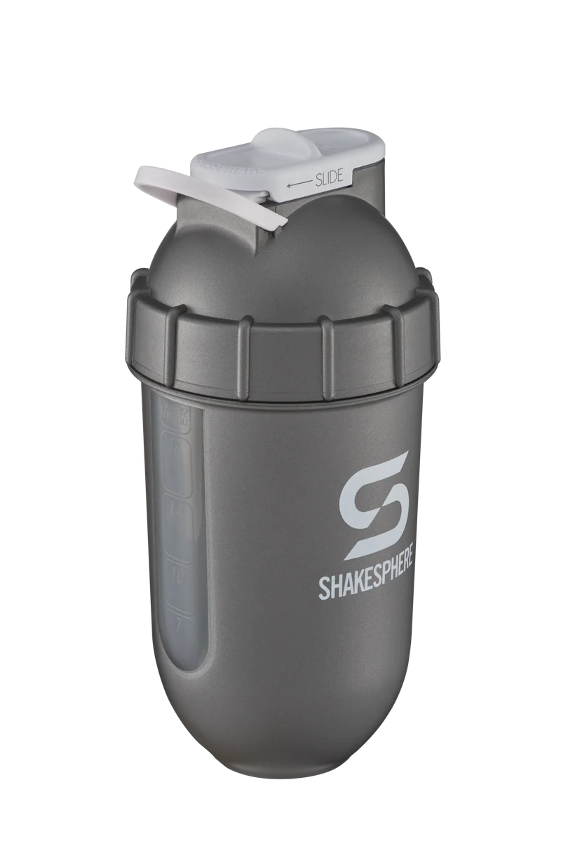 Protein shaker bottle 700mls "Tumbler View" Gun Metal/White Logo/Clear Window