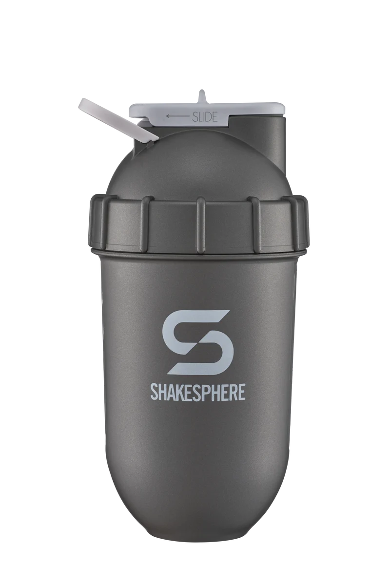 Protein shaker bottle 700mls "Tumbler View" Gun Metal/White Logo/Clear Window