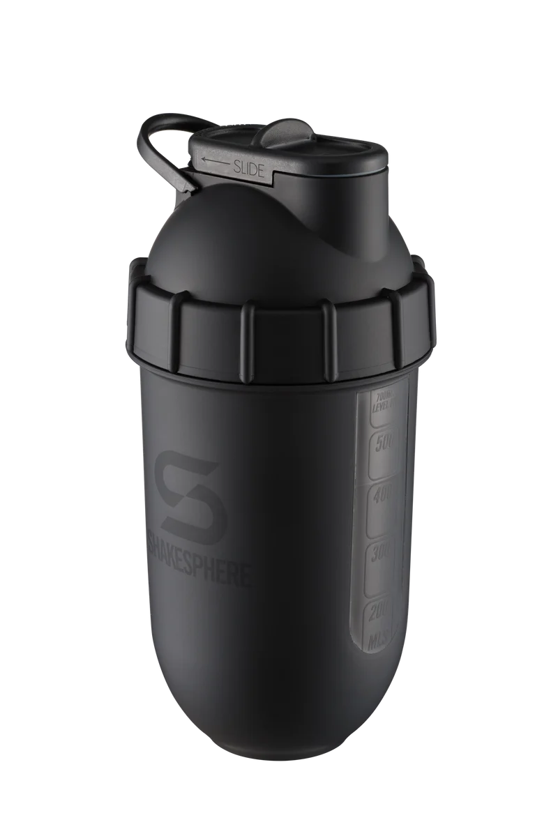 Protein shaker bottle 700mls "Tumbler View" Matte Black/Black Window