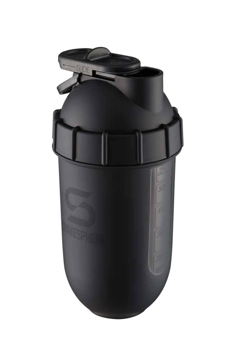 Protein shaker bottle 700mls "Tumbler View" Matte Black/Black Window