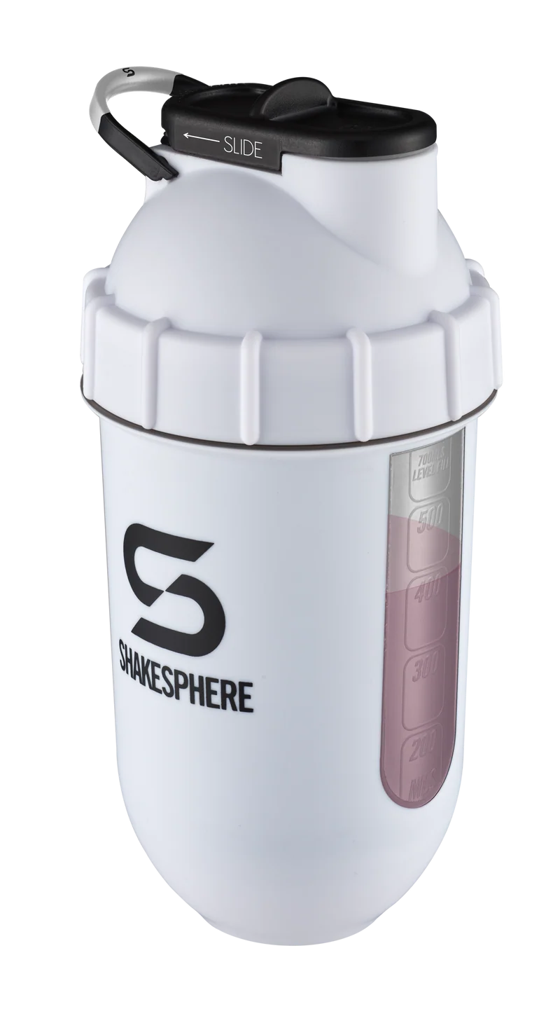 Protein shaker bottle 700mls "Tumbler View" Matte White/Black Window