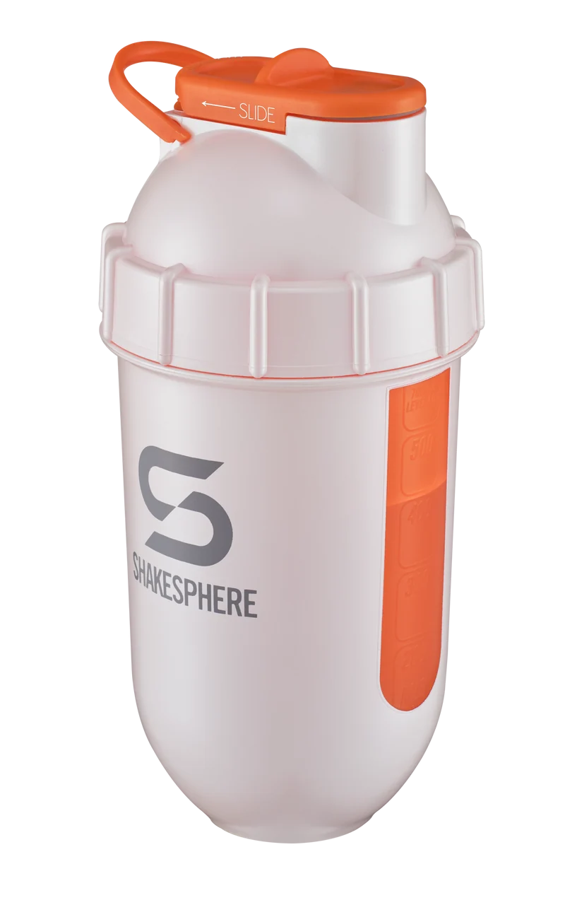 Protein shaker bottle 700mls "Tumbler View" Pearl White/Orange Window