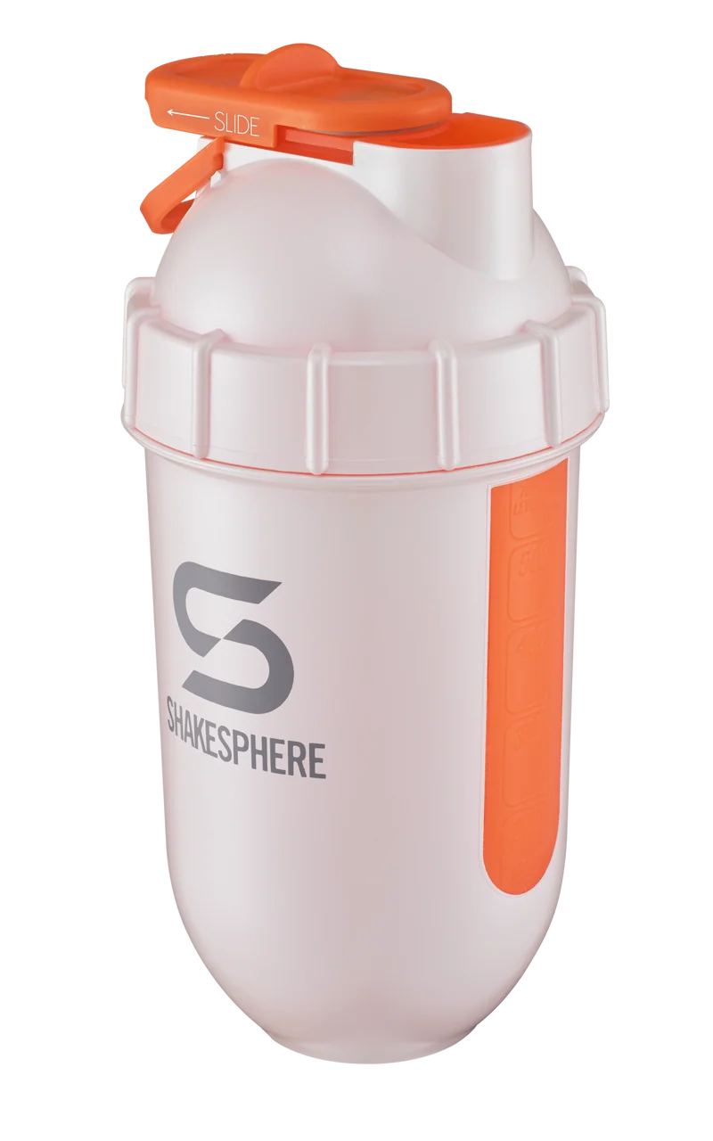 Protein shaker bottle 700mls "Tumbler View" Pearl White/Orange Window