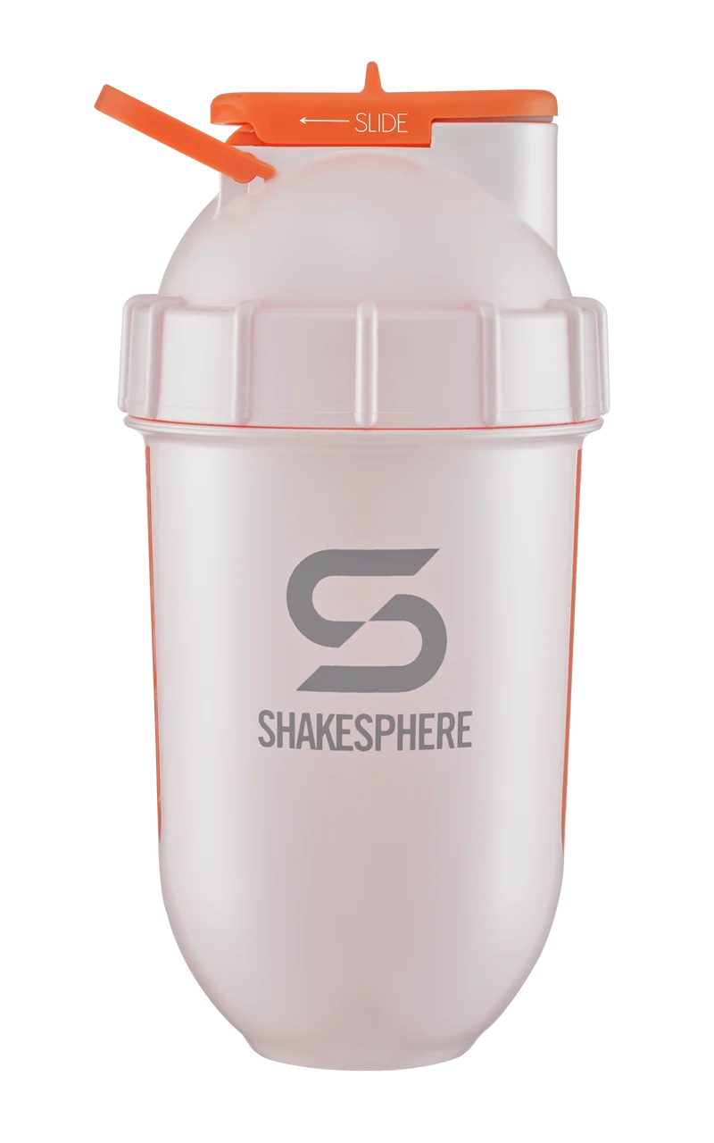Protein shaker bottle 700mls "Tumbler View" Pearl White/Orange Window