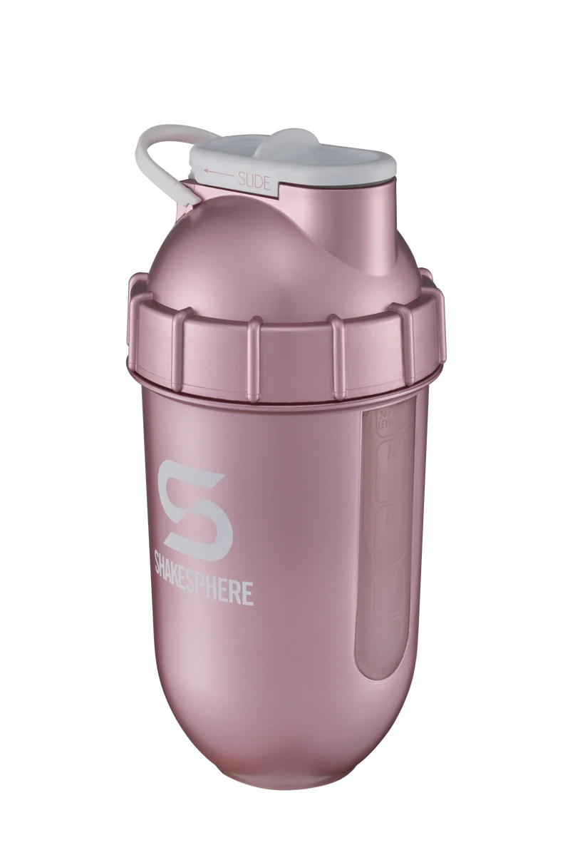 Protein shaker bottle 24.6 Fl Oz ShakeSphere Tumbler View Rose Gold/White Logo/Clear Window
