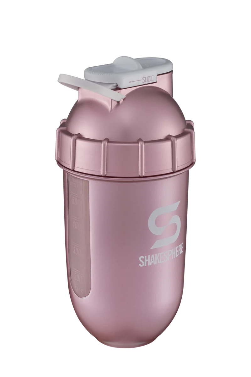 Protein shaker bottle 24.6 Fl Oz ShakeSphere Tumbler View Rose Gold/White Logo/Clear Window