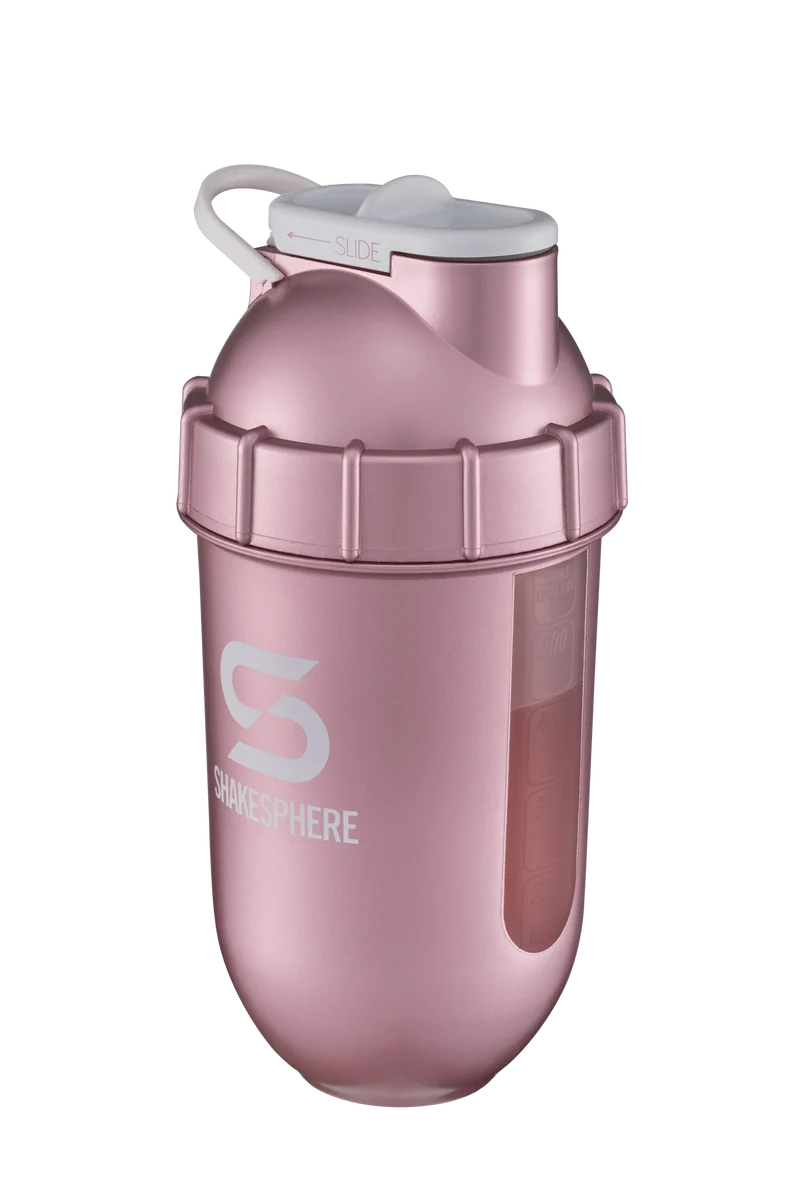 Protein shaker bottle 24.6 Fl Oz ShakeSphere Tumbler View Rose Gold/White Logo/Clear Window
