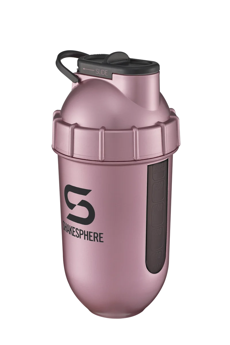 Protein shaker bottle 700mls "Tumbler View" Rose Gold/Black Logo/Black Window