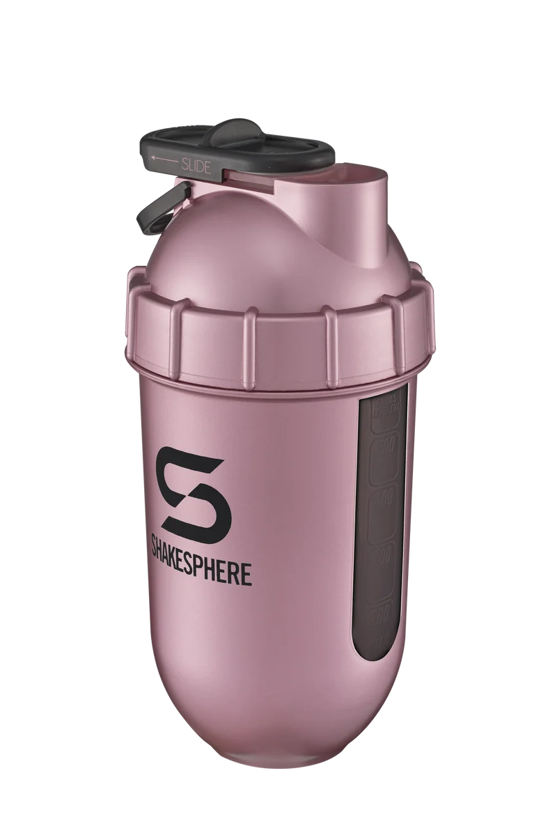 Protein shaker bottle 700mls "Tumbler View" Rose Gold/Black Logo/Black Window