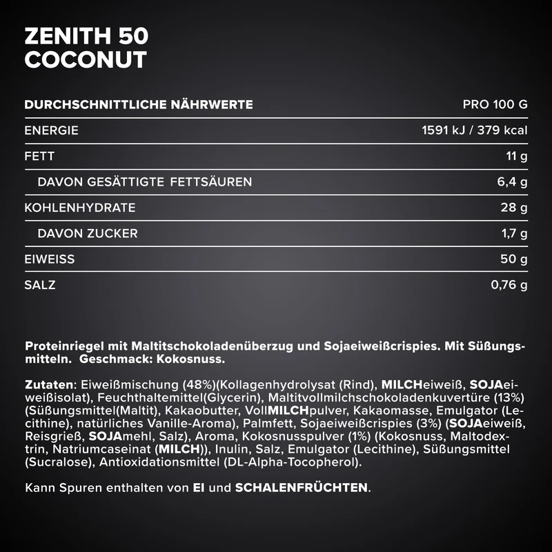 ZENITH® 50 Protein Riegel (100g) - Kokosnuss