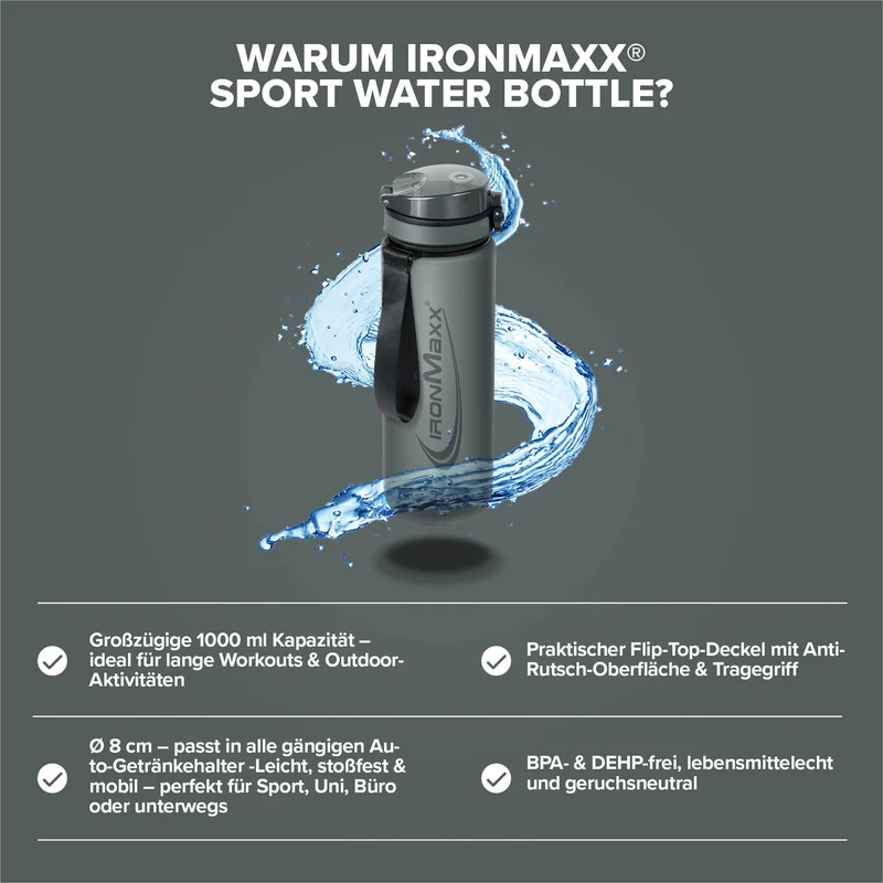 Sport Water Bottle (1000ml) - Ash Grey