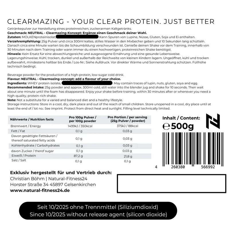 Clearmazing Clear Whey Protein Isolat – 500g | 87% Eiweißgehalt, Ohne Aroma & Süßungsmittel