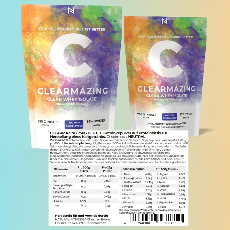 Clearmazing Clear Whey Protein Isolat – 750g | 87% Eiweißgehalt, Ohne Aroma & Süßungsmittel