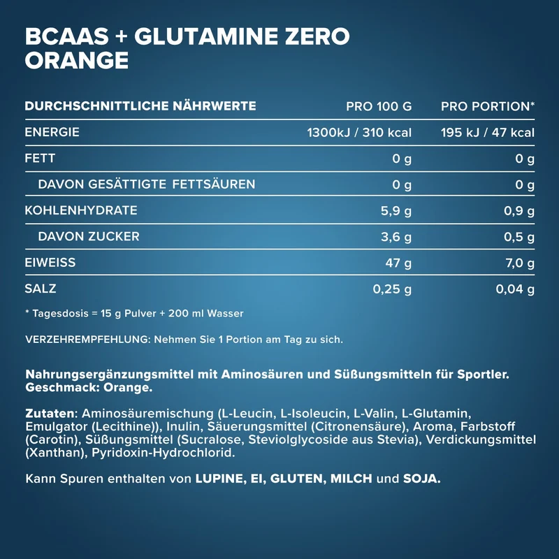 100% BCAAs + Glutamine Zero (500g) - Orange