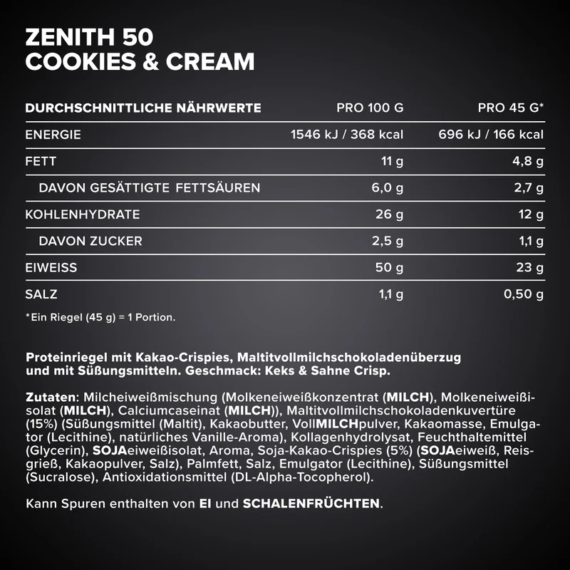 ZENITH® 50 Protein Riegel (45g) - Cookies & Cream