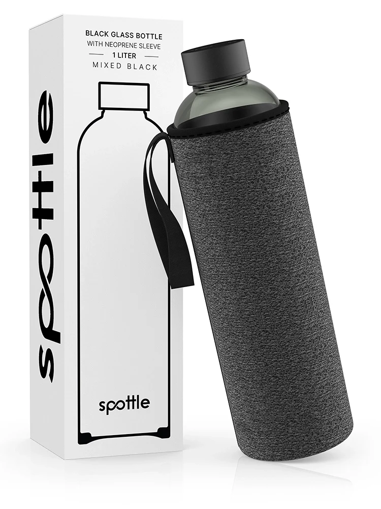 Schwarze Trinkflasche Glas mit Neoprenhülle – 1 Liter