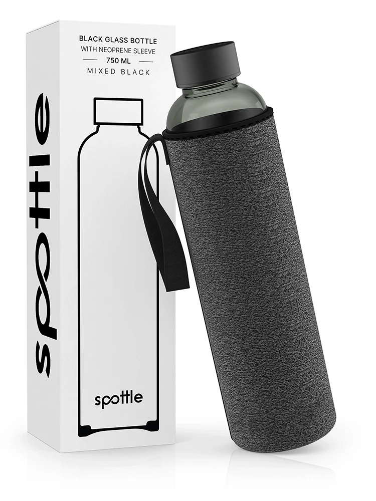 Schwarze Trinkflasche Glas mit Neoprenhülle – 750 ml