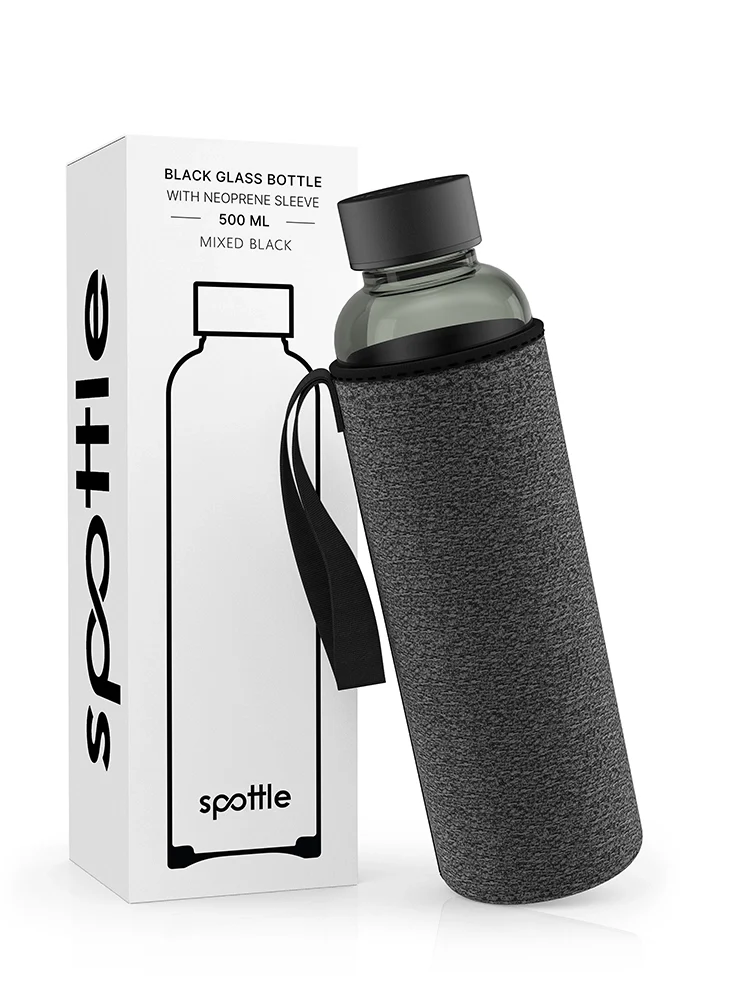 Schwarze Trinkflasche Glas mit Neoprenhülle – 500 ml