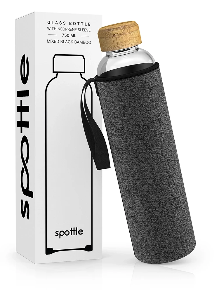 Trinkflasche Glas mit Neoprenhülle & Bambusdeckel – 750 ml