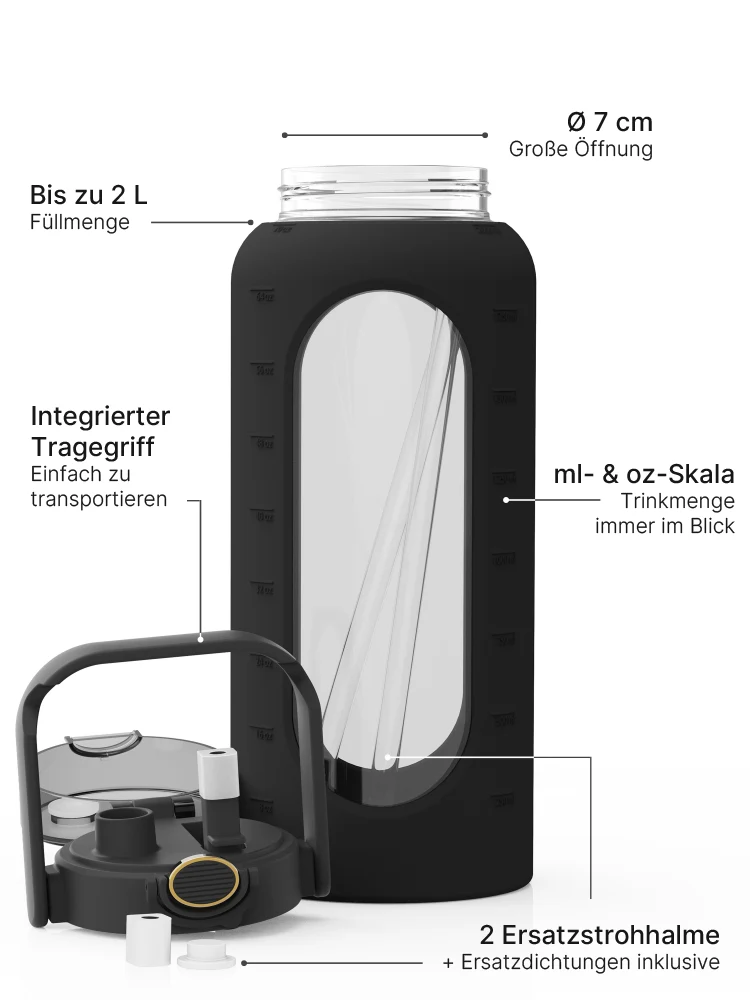 Trinkflasche Glas mit Silikonhülle 2 Liter