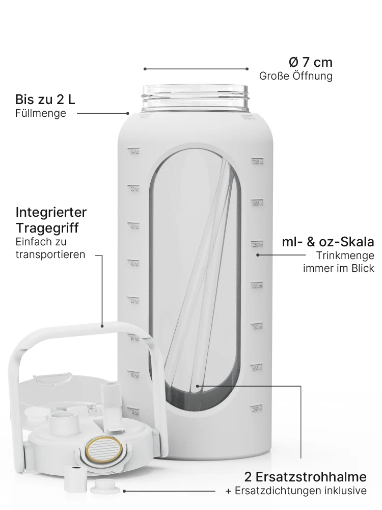 Trinkflasche Glas mit Silikonhülle 2 Liter
