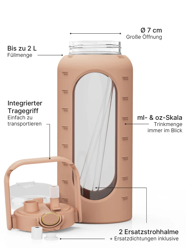 Trinkflasche Glas mit Silikonhülle 2 Liter