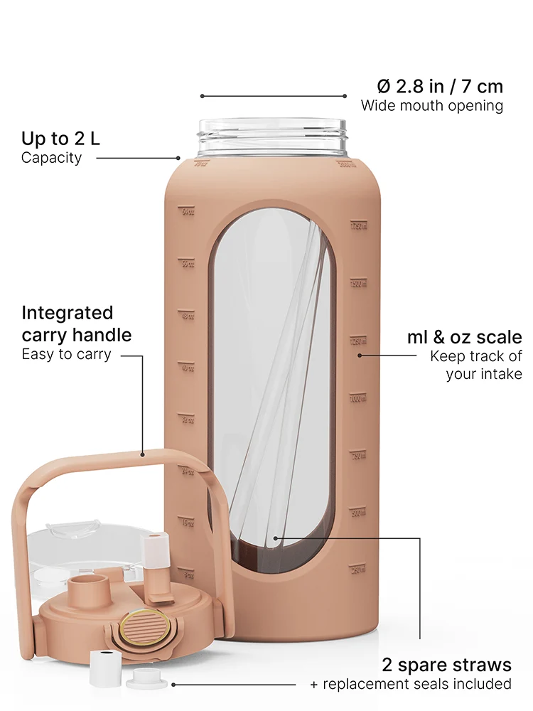 Trinkflasche Glas mit Silikonhülle 2 Liter