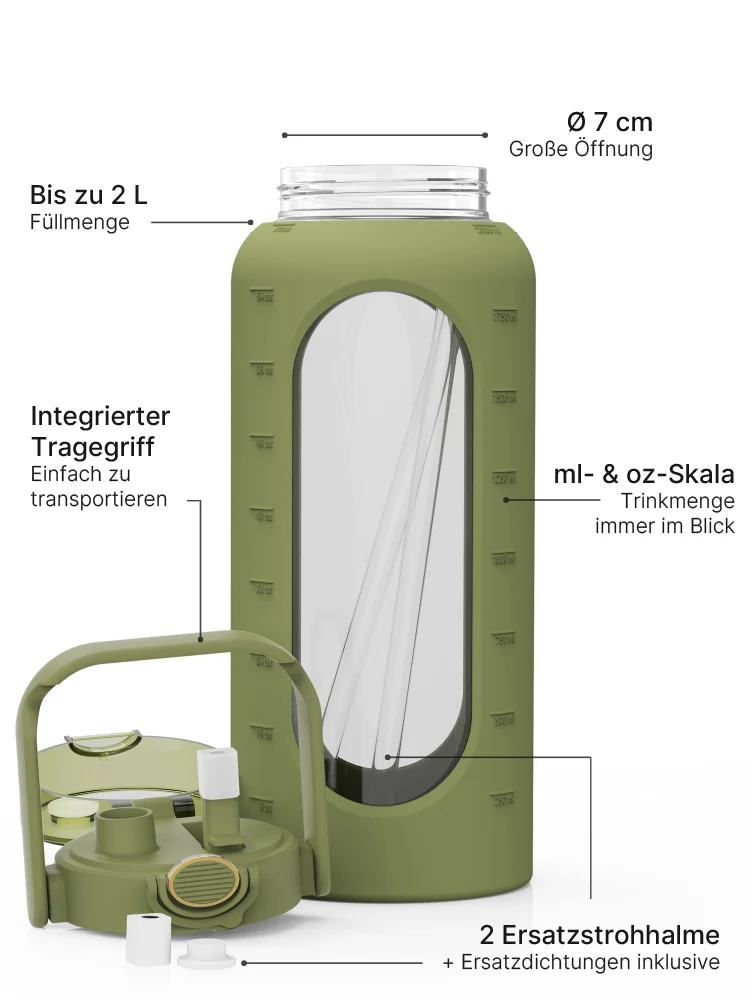 Trinkflasche Glas mit Silikonhülle 2 Liter