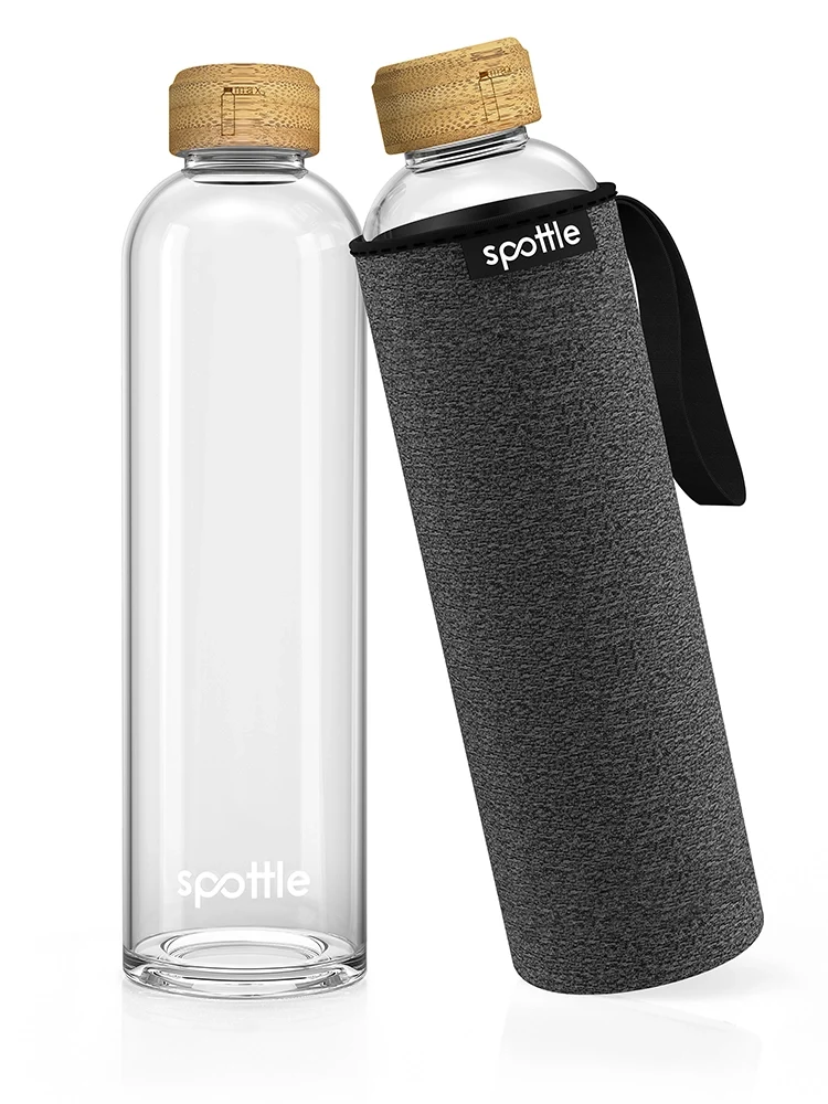 Trinkflasche Glas mit Neoprenhülle & Bambusdeckel – 1 Liter