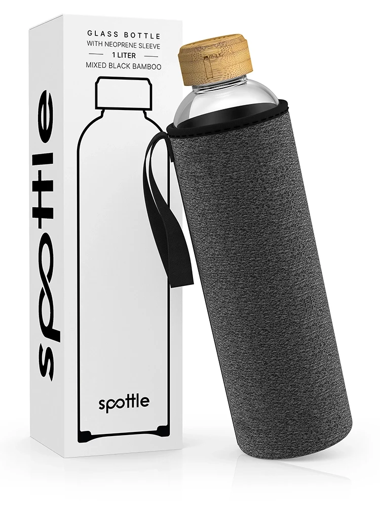 Trinkflasche Glas mit Neoprenhülle & Bambusdeckel – 1 Liter
