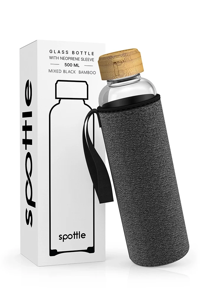 Trinkflasche Glas mit Neoprenhülle & Bambusdeckel – 500 ml
