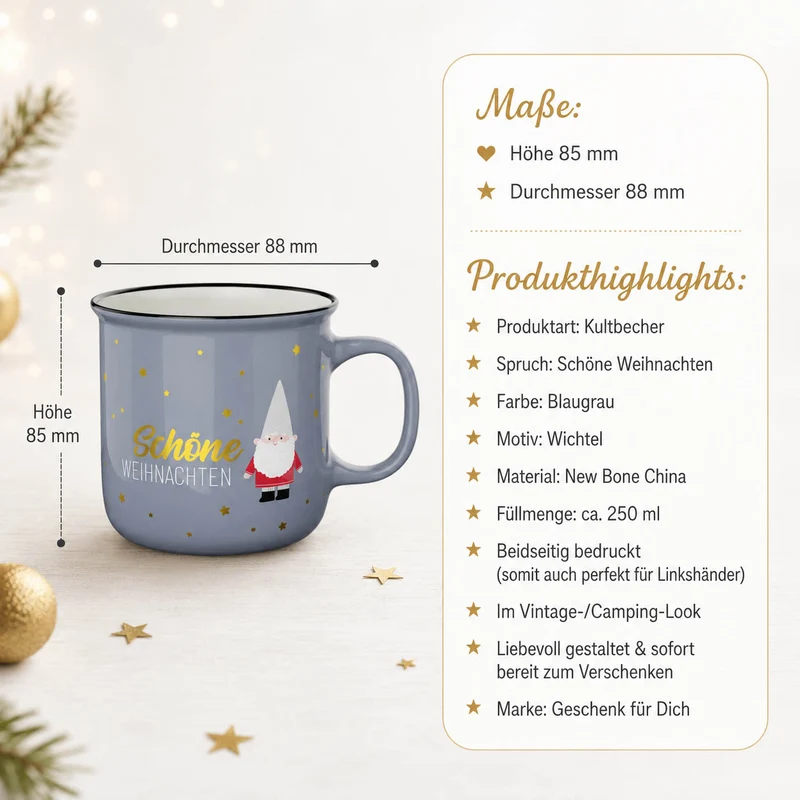 Wichtelgeschenk – Kultbecher „Schöne Weihnachten“ mit Wichtel, blaugrau, 250 ml