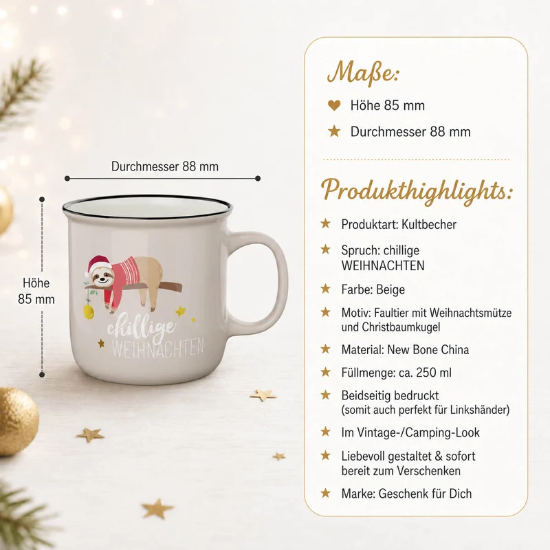 Faultier Weihnachtsbecher „chillige Weihnachten“ – Kultbecher 250 ml