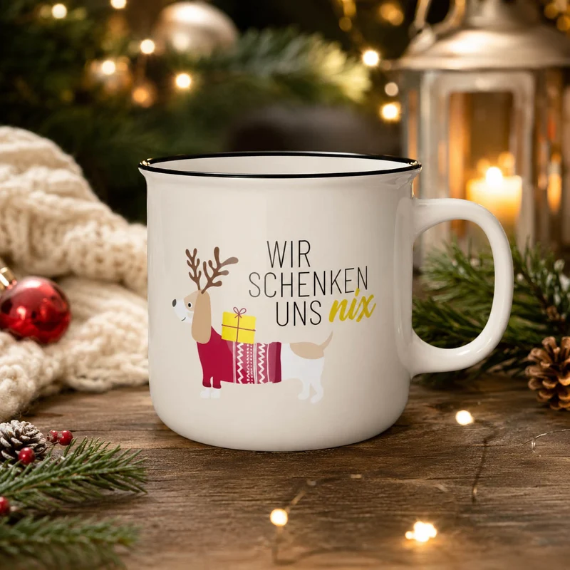 Witziges Weihnachtsgeschenk – Kultbecher „Wir schenken uns nix“ mit Dackel, 250 ml