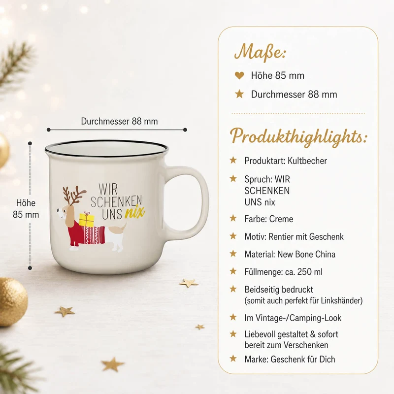 Witziges Weihnachtsgeschenk – Kultbecher „Wir schenken uns nix“ mit Dackel, 250 ml